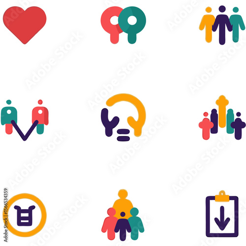 Colorful Team Icons Show Collaboration, representing teamwork concept, with copy space, in a conceptual symbol set.