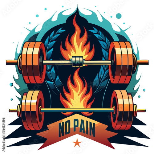 Vector art of two barbells with fire and a wreath, with the words no pain isolated on transparent background