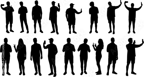 Collection of silhouette people taking selfie in different poses vector set.
