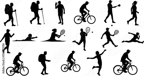Vector silhouette collection of active senior people women and men playing different sports

