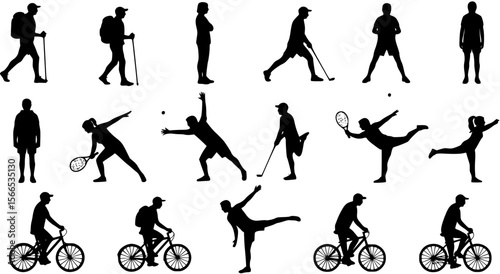 Vector silhouette collection of active senior people women and men playing different sports
