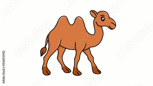 illustration of a cute cartoon camel with a cheerful expression and one hump, designed in a playful and colorful style. Perfect for children's educational materials, coloring books, flashcards, storyb