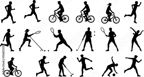 Vector silhouette collection of active senior people women and men playing different sports
