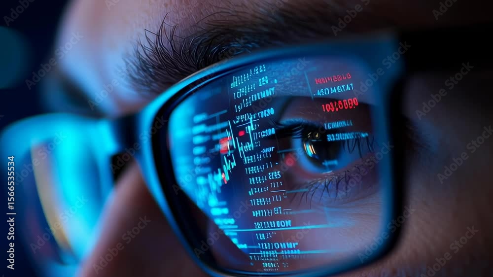 A man is looking at a computer screen with a blue background and red and black numbers. Concept of focus and concentration as the man stares at the screen
