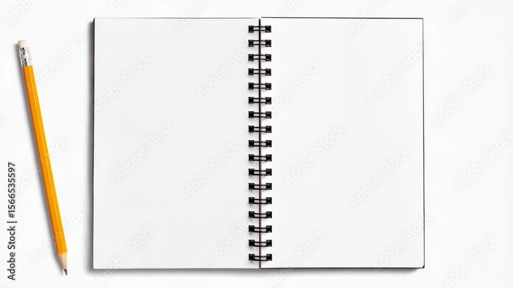 Opened blank spiral notebook and yellow wooden pencil on a plain white background providing space for creative writing, sketching, planning, or note taking.