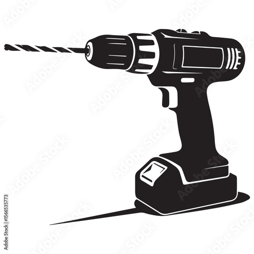 Black silhouette of a cordless drill with a drill bit attached and casting a shadow on a white background