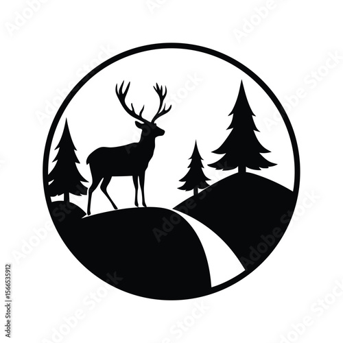 Black silhouette of a stag deer on a hilltop with pine trees