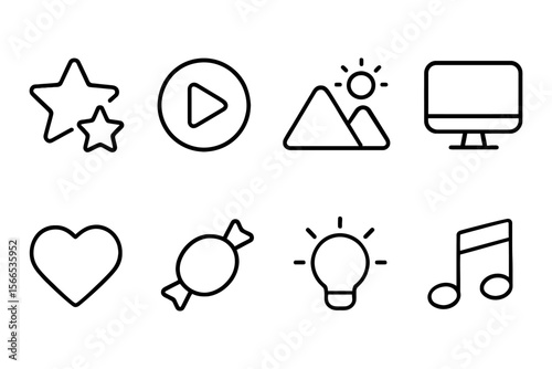 Minimalist icon set featuring stars, multimedia, nature, technology, and everyday objects, vector illustration