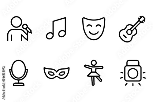 Performing arts icons featuring music dance theatre and photography, vector illustration