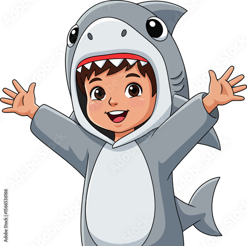 Cute happy child dressed as a shark costume ready for fun