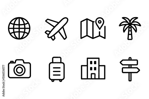 Travel icon set with airplane, palm tree, and camera for vacation planning, vector illustration