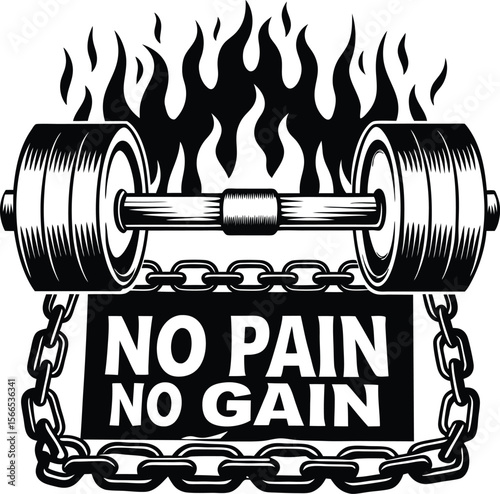 Vector art of a fiery barbell with chains and a no pain no gain sign isolated on transparent background