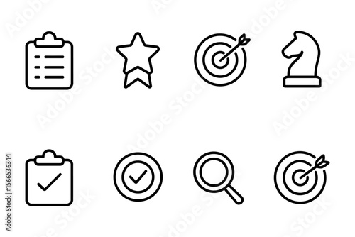 Business and strategy icons featuring target, checklist, and chess knight, vector illustration