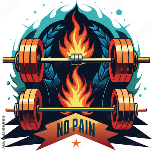 Vector art of two barbells with fire and a wreath, with the words no pain isolated on transparent background