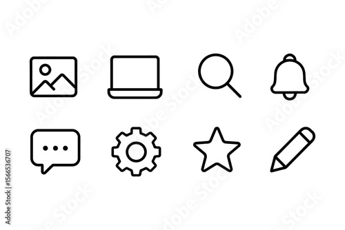Set of modern interface icons featuring image, laptop, search, notification, message, settings, favorite, and edit, vector illustration