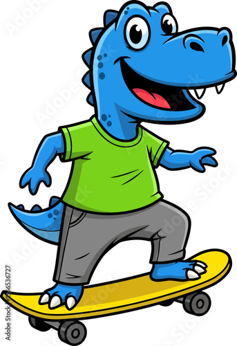 Happy blue cartoon dinosaur skateboarding with a smile