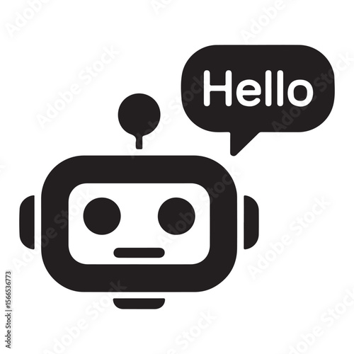 Friendly robot character with a speech bubble saying hello representing artificial intelligence and communication