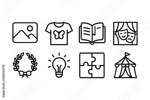 Creative symbols of art, learning, and play featuring butterfly, book, puzzle, circus tent, vector illustration