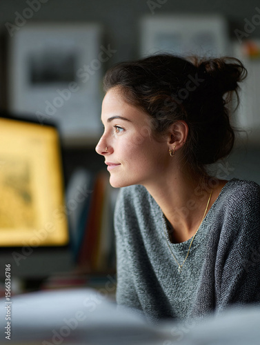 Thoughtful young woman gazing into the distance. Portrait conveying inspiration, focus, and ambition. Ideal for themes of career, intellect, creativity, and modern life.