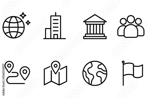Global navigation and urban icons collection featuring buildings, maps, and community symbols, vector illustration