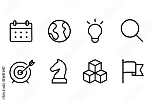 Simple icon set featuring calendar, globe, lightbulb, magnifying glass, target, chess piece, cubes, and flag, vector illustration