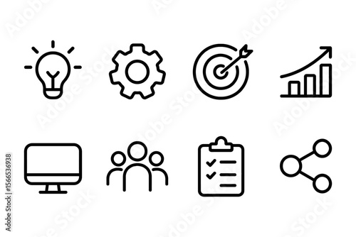 Business and productivity icons featuring light bulb, gear, target, graph, computer, team, checklist, and share, vector illustration