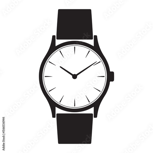 Classic black and white silhouette of a wristwatch with a simple dial and leather strap
