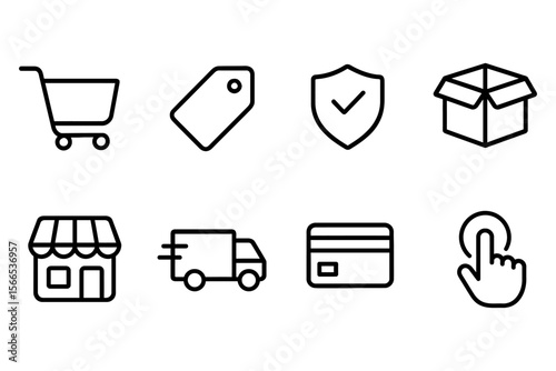 Online shopping and delivery icon set with cart, tag, shield, box, store, truck, credit card, and click symbols, vector illustration
