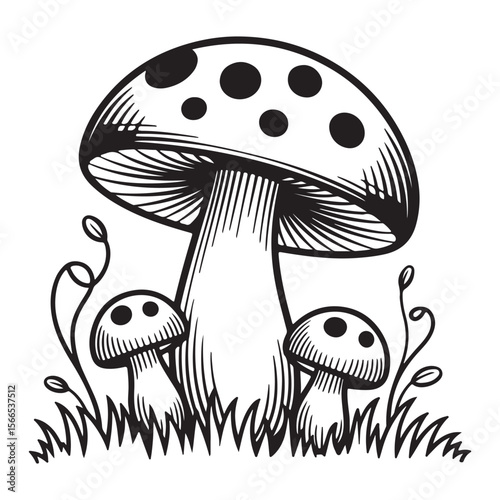 Whimsical black and white illustration of a large mushroom with two smaller mushrooms and swirling vines in grassy field