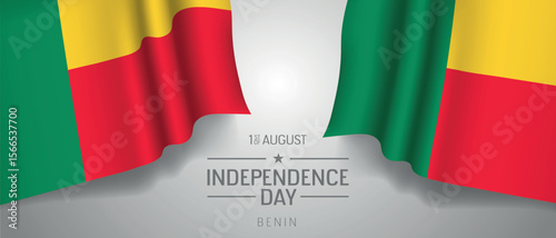 Benin happy independence day greeting card, banner with template text vector illustration. Benini memorial holiday 1st of August design element with 3D flag with stripes