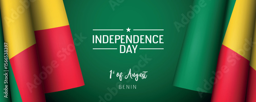 Benin independence day vector banner, greeting card. Benini wavy flag in 1st of August national patriotic holiday horizontal design