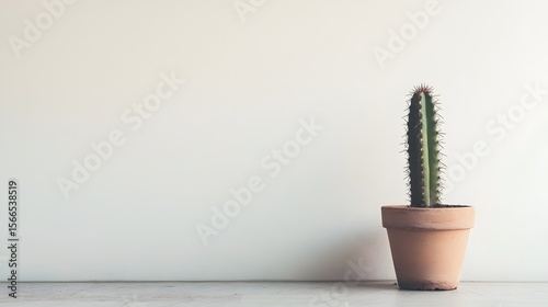 
Sleek Minimalist Photo: A Lone Cactus in a Terracotta Pot Against a White Wall