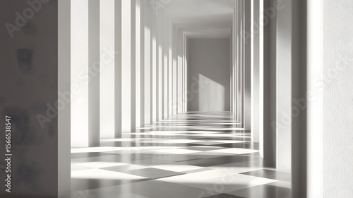 Striking Minimalist Hallway Scene with Monochromatic Decor and Geometric Light Patterns