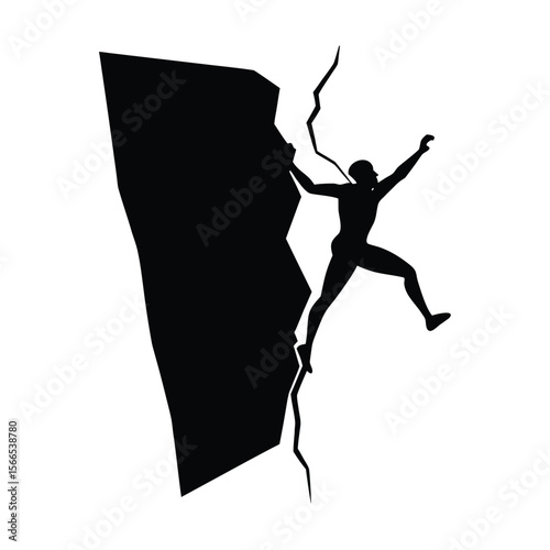 Black silhouette of climber scaling narrow rock crack