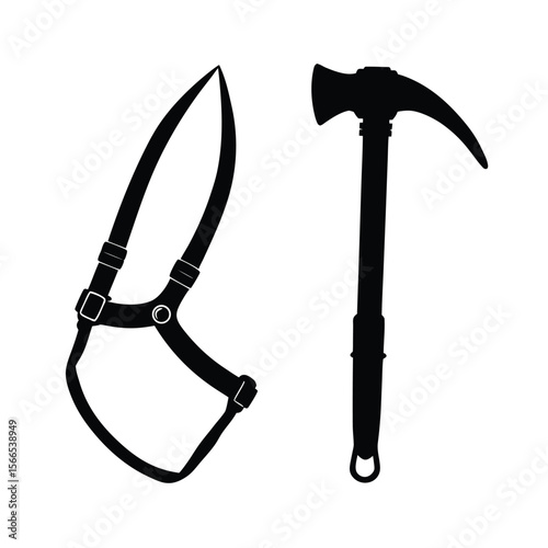 Black silhouette of climbing harness and ice axe on white