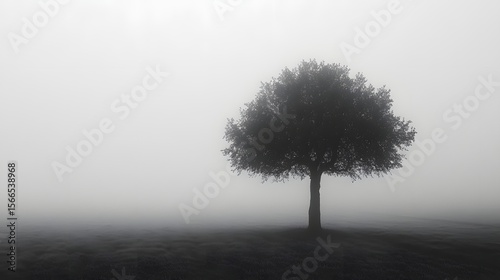 
Ethereal Solitude: A Lone Tree Stands Majestically in a Dense, Misty Field, Creating a Hauntingly Beautiful and Mysterious Landscape.
