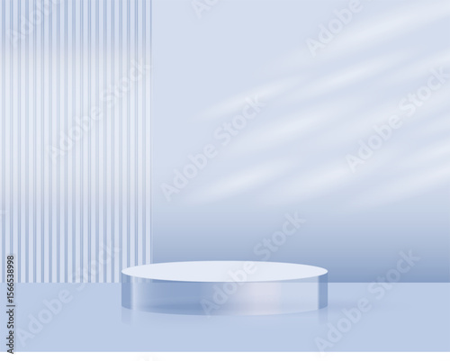 Minimalist light blue cosmetic product mockup scene with a round glass podium and soft natural shadows, perfect for showcasing skincare or beauty packaging design.
