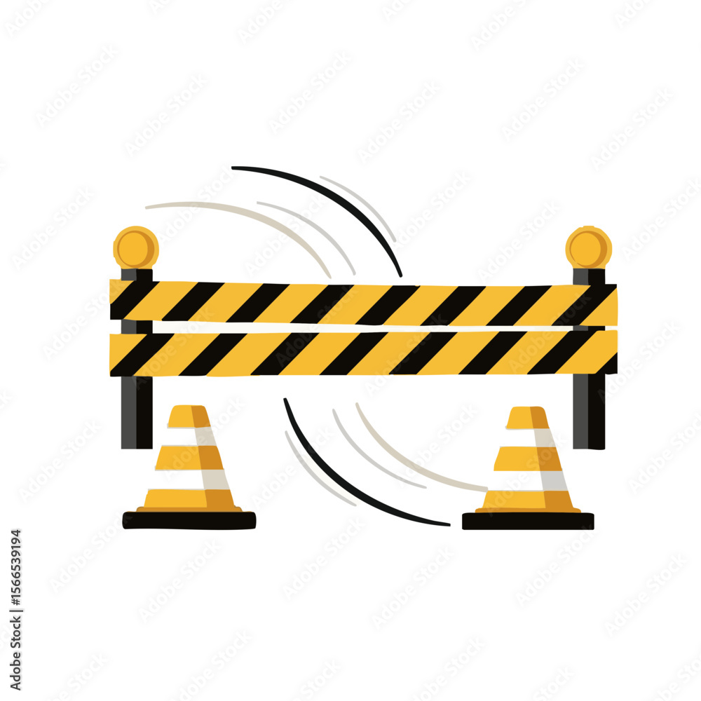 Fototapeta premium Roadworks Zone with Striped Tape and Cones in Motion, Flat Warning Icon