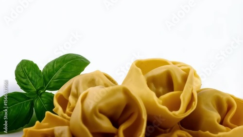 Freshly made tortelloni pasta with basil on white surface. Homemade yellow stuffed pasta ready to be cooked. Italian traditional gastronomy