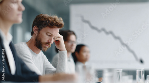 Business team looking worried at a meeting, downturn concept. Suitable for illustrating financial crisis, failure, loss, or economic downturn.