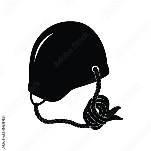 Black silhouette of climbing helmet and coiled rope
