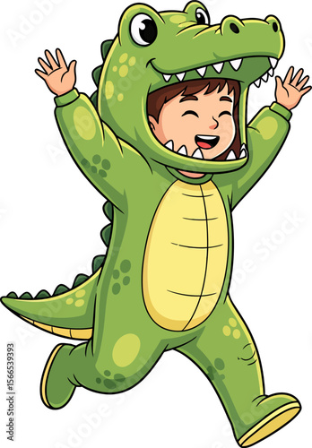 Joyful child dressed as a playful alligator running happily