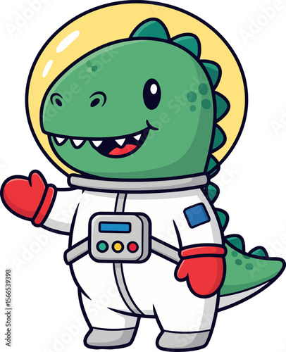 Cute dinosaur astronaut in space waving hello