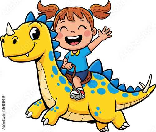 Happy Young Girl Riding a Friendly Yellow Dinosaur