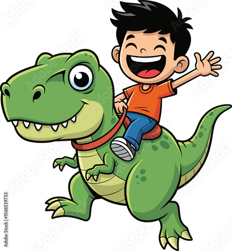 Joyful boy riding a cartoon dinosaur happily
