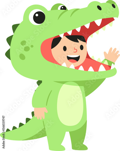 Adorable Child Dressed as a Green Alligator Waving Hello