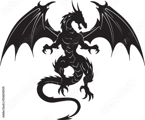 Stylized tribal dragon with spiked tail and open wings, symmetrical and aggressive pose, solid black ink, perfect for tattoo stencil, white background Adobe Illustrator Artwork