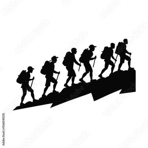 Black silhouette of hikers with backpacks climbing a rocky slope