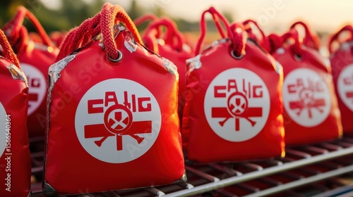 Bright Red Safety Buoys Lined Up at a Beautiful Outdoor Location