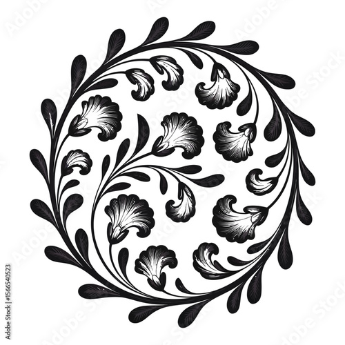 Black and White Circular Floral Design Intricate Flower Pattern Elegant Swirling Vines